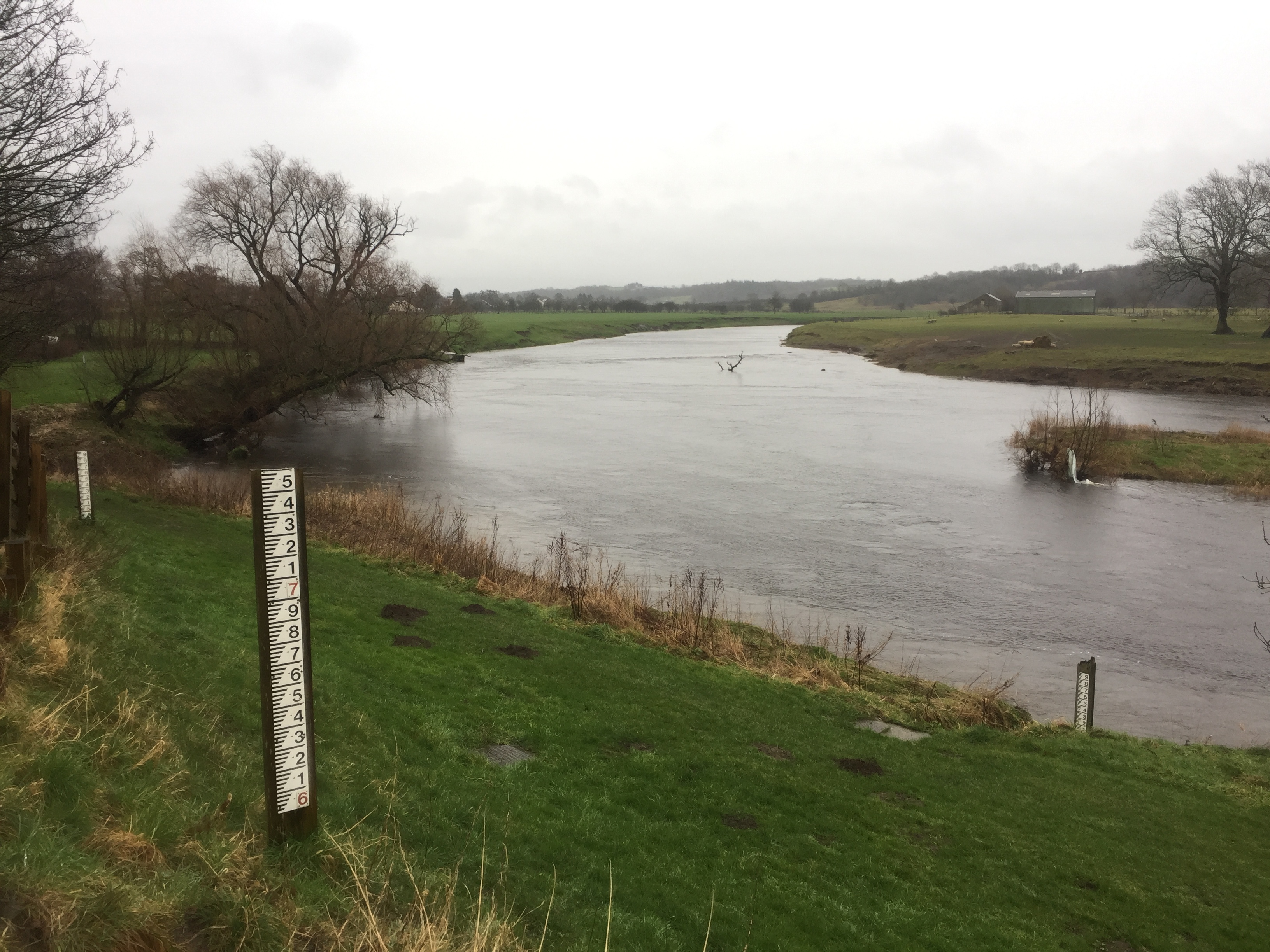 Gauge boards on the bank of the River Ribble in Ribchester, Lancashire