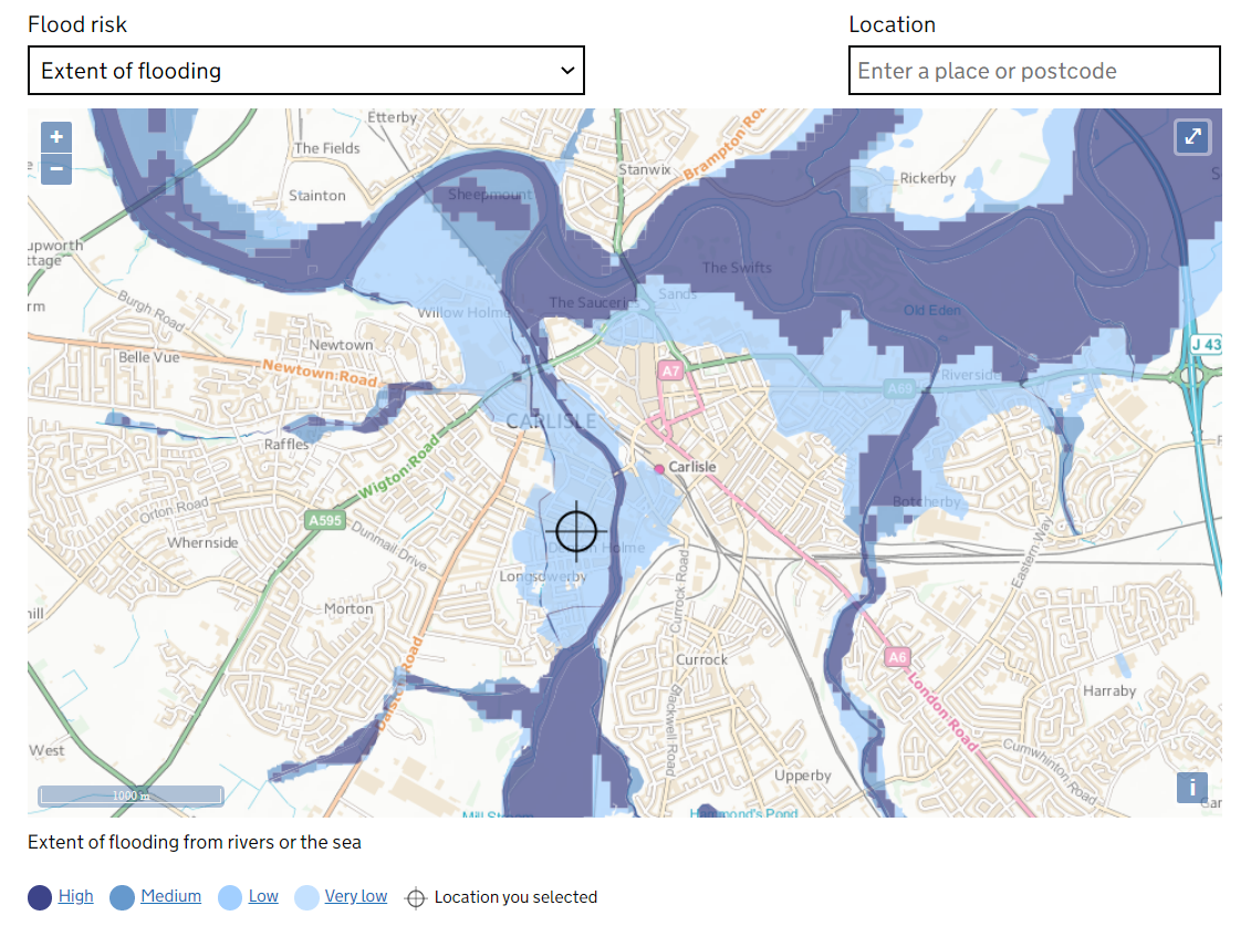 Environment Agency flood risk map showing the extent of flood risk from rivers or the sea in Carlisle.
