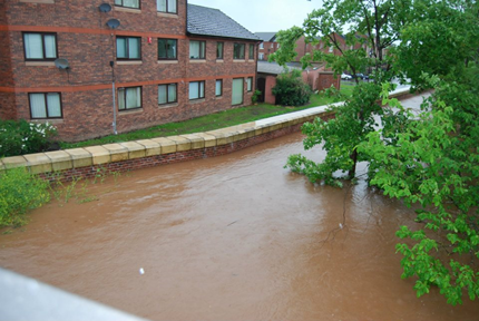 Flood defences protecting the city from flooding during the highest recorded flows on the River Caldew in June 2012. 