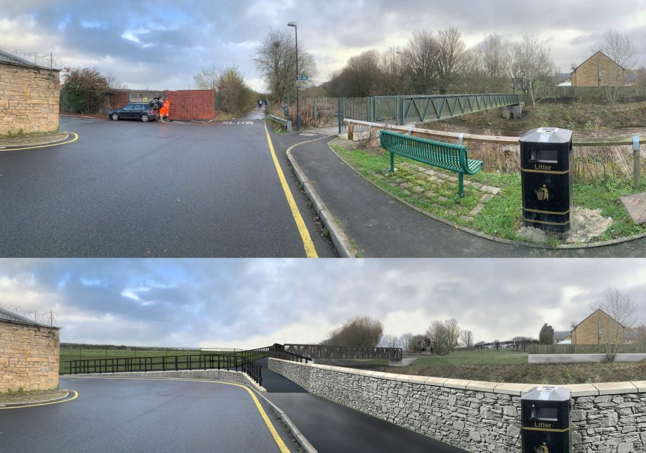 Comparison image showing a riverbank before construction and after completion of flood defence improvements, including a raised flood wall and a newly installed pedestrian footbridge.