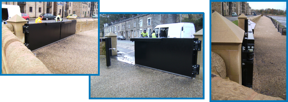 3 images of example flood gates installed elsewhere in England. They show a black gate across an access point in a flood defence wall. 